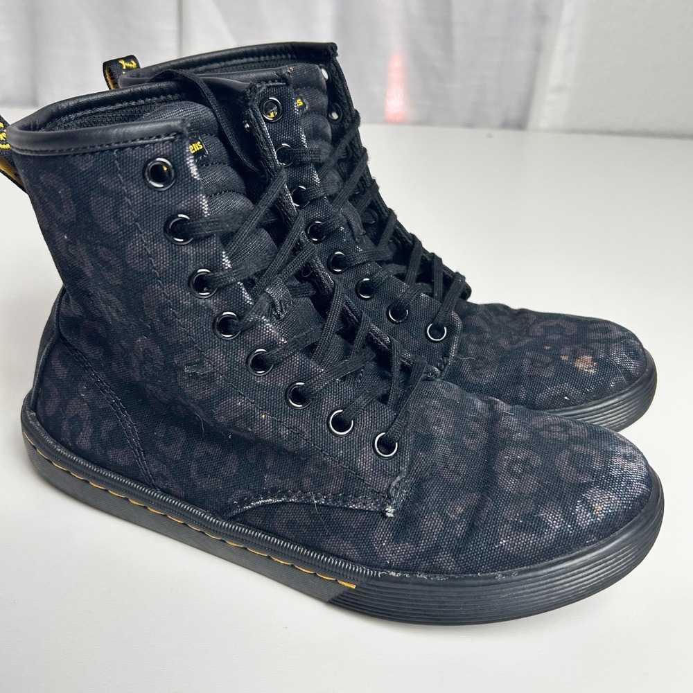 Dr. Martens Sheridan Black Leopard Print Canvas High Top Boots Womens 7 AW004